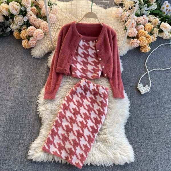 

skirt houndstooth knitted 3 pcs set mink cardigan strapless crop + high waist bodycon mini suits fashion women outfits gt41, Black