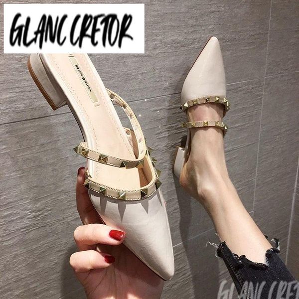 

slippers 2021 ladies low heels fashion female pointed toe sandals women rivets shoes footwear women's elegant mules woman casual, Black