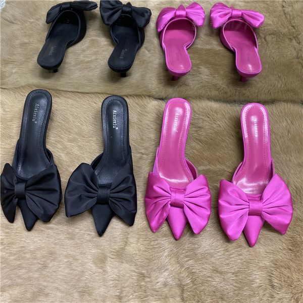 

2021 spring pointed toe stiletto heel kitten heels bow heel-slippers for women hws323, Black
