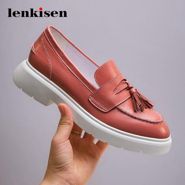 

dress shoes lenkisen 2021 leisure pendant non-slip fringe full grain leather round toe med heels thick bottom wedges slip on women pumps l11, Black