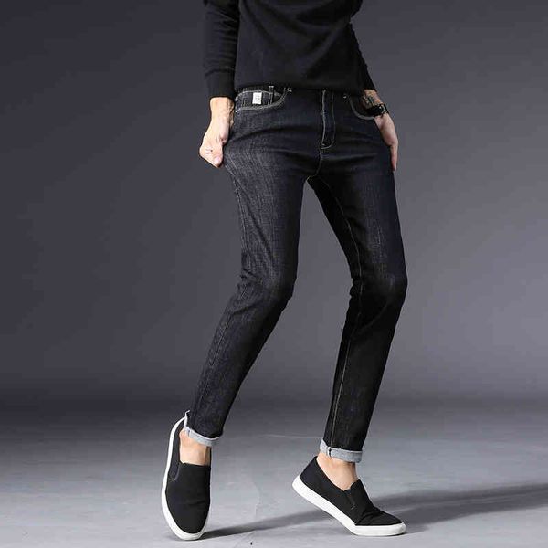 

classic slim fit jeans for men high qulity trousers solid denim pants streetwear stretch black fashions, Blue