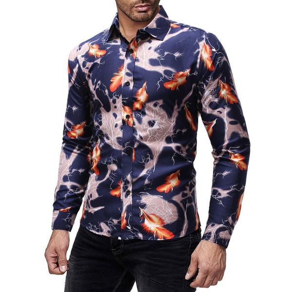 

men's casual shirts 2021 autumn winter print floral long sleeve turn-down collar button shirt blouse plus size, White;black