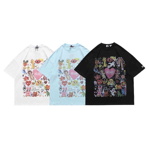 

fashion t shirt guochao children's graffiti printing summer loose couple short sleeve men's half top, White;black