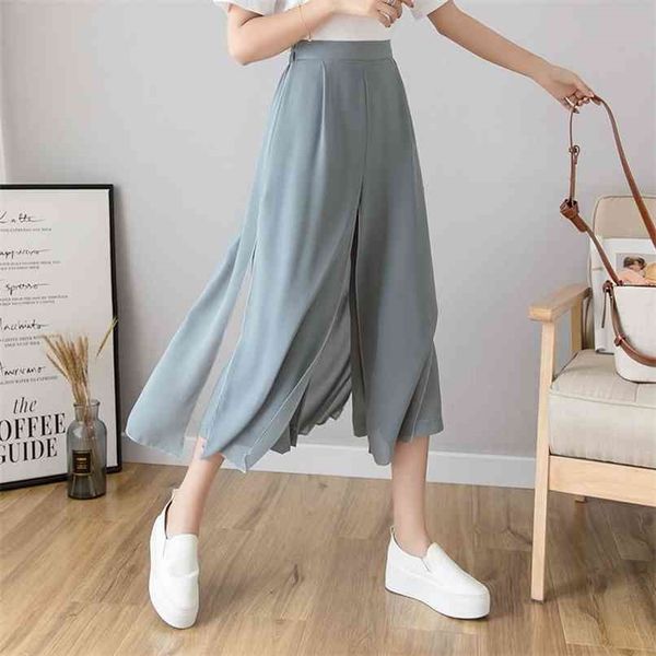 Frauen Chiffon Hosen Sommer Culottes Für Frauen Hohe Taille Breite Bein Lässig Lose Lange Hosen Buttoms 210529