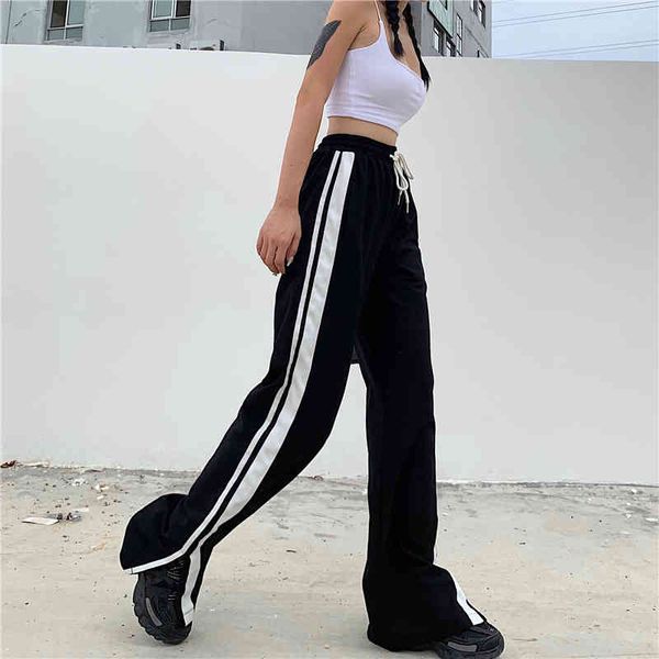 Pantaloni sportivi da donna con cerniera a righe bianche nere con orlo diviso Pantaloni sportivi da donna New Harajuku Pantaloni a vita alta Capris femminili Streetwear 210415