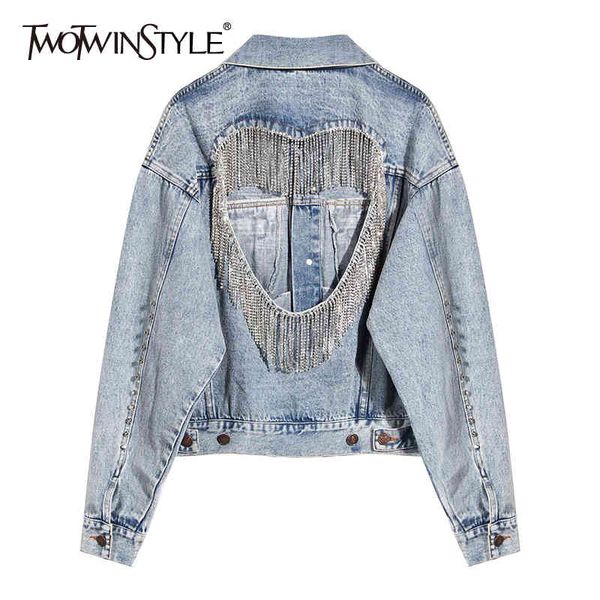 

patchwork denim coats for women lapel collar long sleeve tassel hollow out jacket female autumn clothing 210524, Black;brown