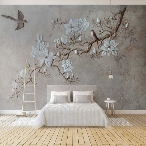 

wallpapers 3d three-dimensional large mural wallpaper embossed on the branch magnolia magpie background wall