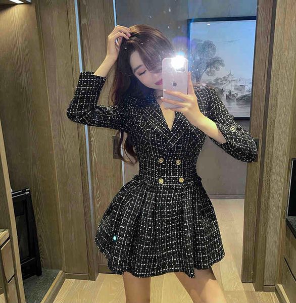 

2021 a line autumn winter v neck women's elegant tweed temperament suit double breasted high waist slim pleated plaid black mini dres, Black;gray