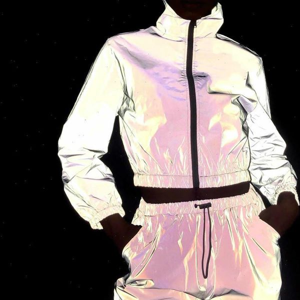 

women tracksuit womens tracksuits 2 piece set hip hop reflective crop pants fashion female zipper jacket coat matching sets, Gray