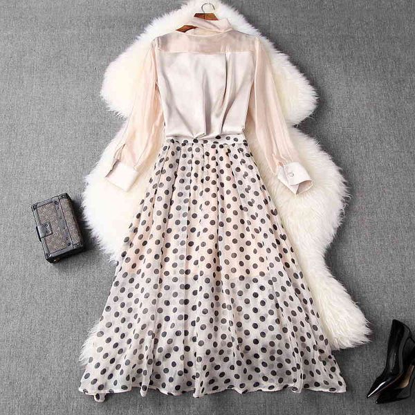 

ladies skirt runway suits summer women bow tie elegant shirts +polka dot print mid-calf skirt sets & suit casual, White