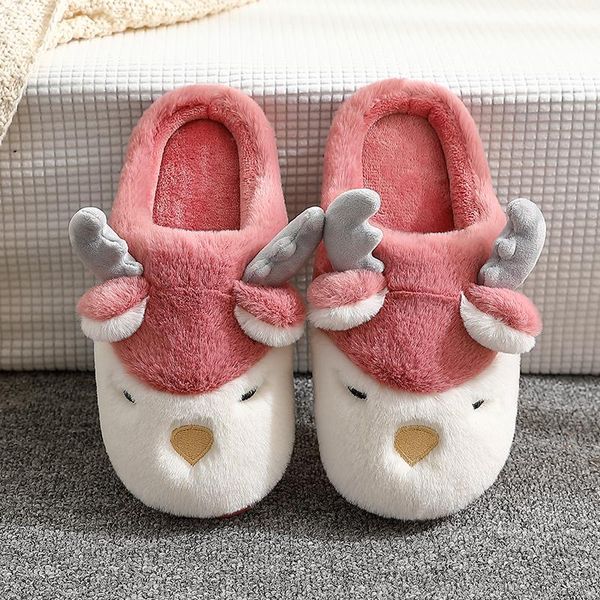

slippers couples women winter home christmas cartoon deer elk non slip soft warm men house shoes indoor bedroom floor footwear, Black