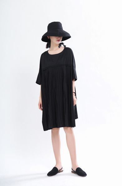 

msxu dark retro street style plied seam dress feminine design, Black;gray