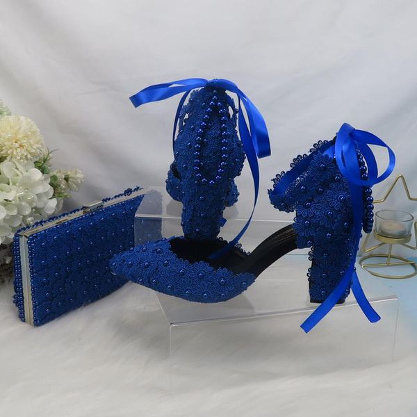 

dress shoes baoyafang royal blue flower strap bridal wedding bride pointed toe square thick high heel party and bag set, Black