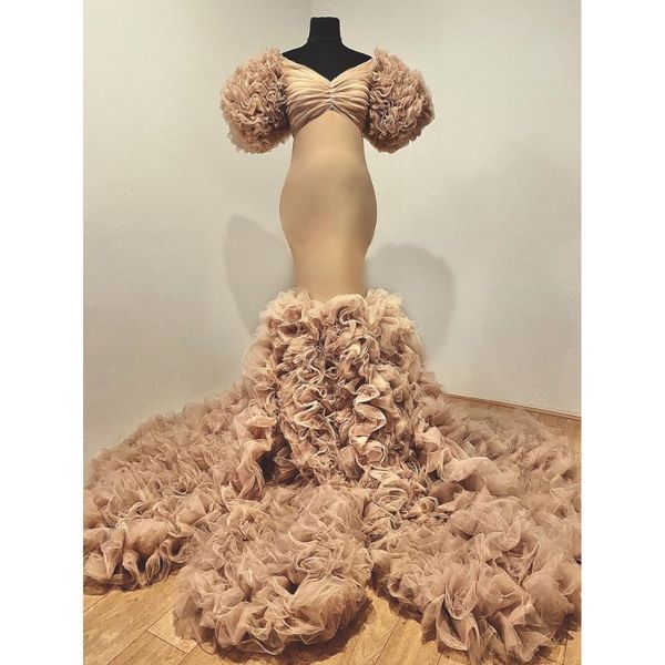 

party dresses maternity elegant extra puffy tulle sleeves mermaid long champagne tiered prom gowns pregnant women poshoot, White;black