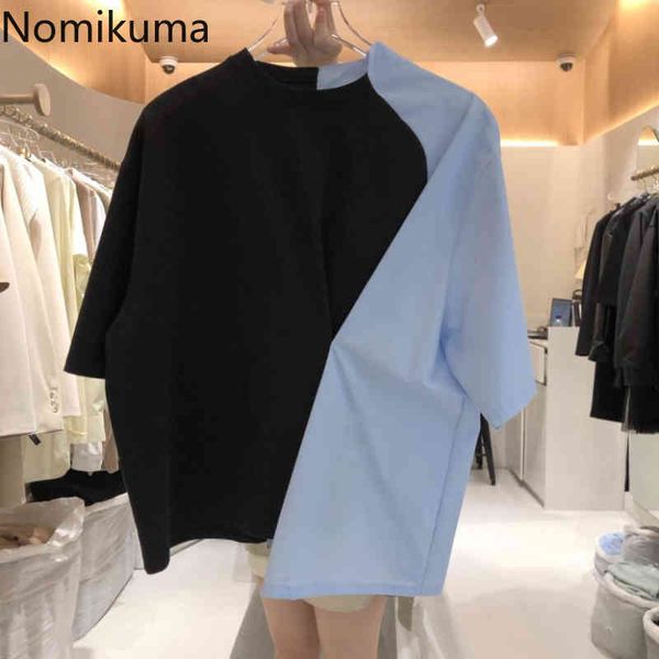 

nomikuma irregular hit color patchwork korean tshirt causal short sleeve o-neck graphic t shirts summer new tee 6g736 210427, White