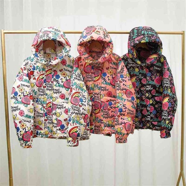 

2021 off season new graffiti short long sleeve hooded bread cute hip hop trendsetter down jacket pinghu base real estate, Black