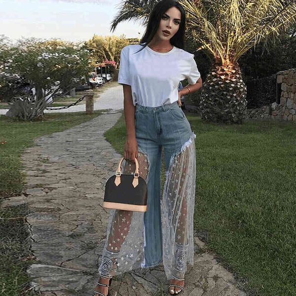 

women's jeans women wide leg pants sheer mesh star print splice denim high waist casual loose fashion party trousers dji9, Blue