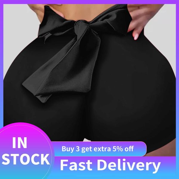 

bow-knot sports leggings women yoga shorts solid color high waist hip lifting fitness sport workout bikerÂ shorts gym clothing, White;black