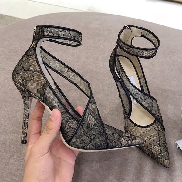 

dress shoes womens pointed toe lace mesh stielttos high heel pumps ankle belt party wedding genuine leather plus size 2colors, Black