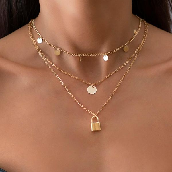

chains lacteo hip hop lock shape round metal tassel pendant necklace 2021 trendy multi layered chain collor choker, Silver