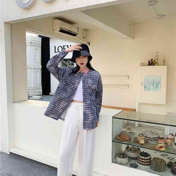 

women's two piece pants tie dye plaid shirt women long sleeve button up collared harajuku patchwork 2021 fashion street style, White