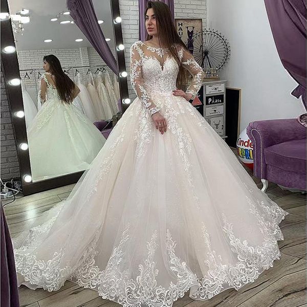 

scoop neck long sleeves a line lace wedding dresses with appliques court train lace-up back tulle plus size bridal gowns, White