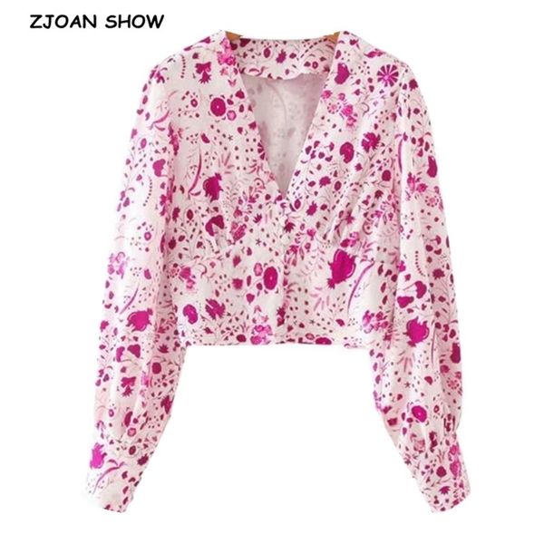 

retro long puff sleeve floral print shirt women single-breasted buttons slim waist short blouse girl's 210429, White