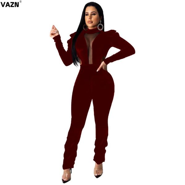 

women's jumpsuits & rompers vazn fashion 2021 summer lady 2 colors solid jumpsuit puff full sleeve o-neck zipper high street, Black;white