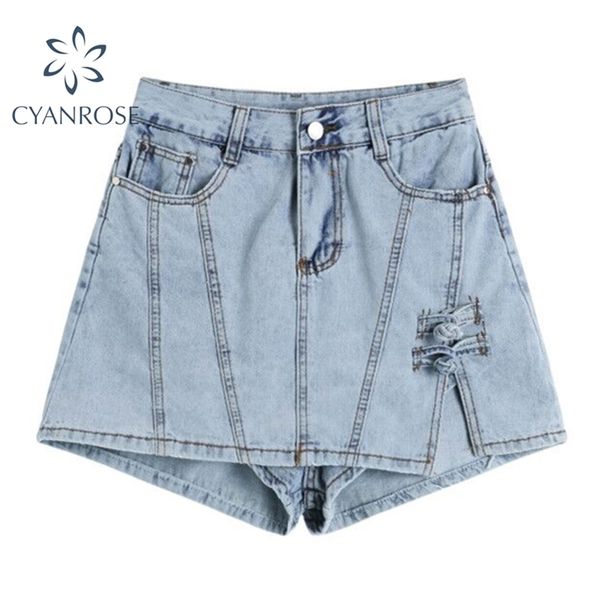 

trendy denim shorts skirts women vintage casual high waist split mini jeans skirt harajuku hong kong style summer 210515, Blue
