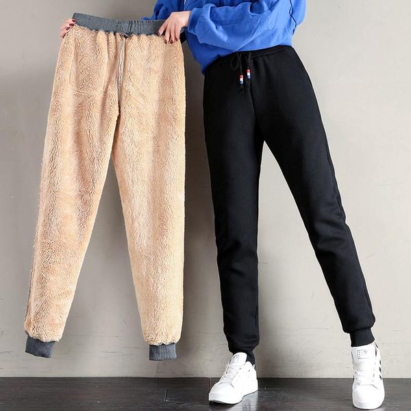 

women's pants & capris women winter thick lambskin cashmere female warm cotton casual velvet sweatpants loose long trousers jogger, Black;white