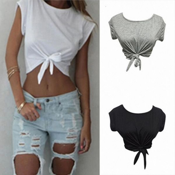 

summer bow tie crop women solid casual tee short sleeve camiseta mujer, White