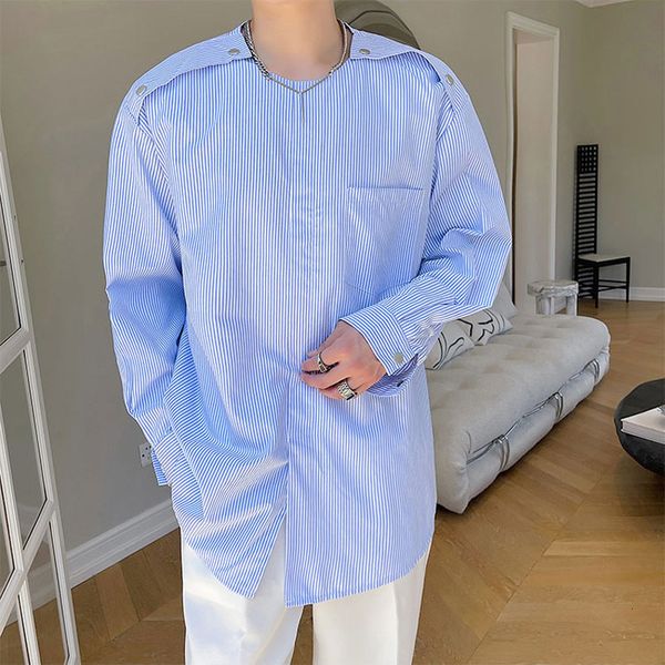 

men's casual shirts men long sleeve o-neck striped shirt man fashionable retro korean streetwear loose hmd2, White;black