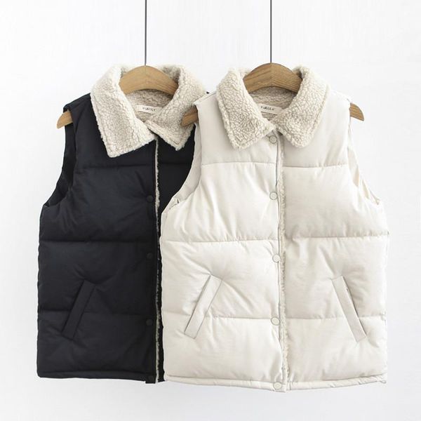 

women's vests winter lamb wool collor cotton vest women short sleeveless buble jacket coat korean fashion warm waistcoat outwear clothe, Black;white