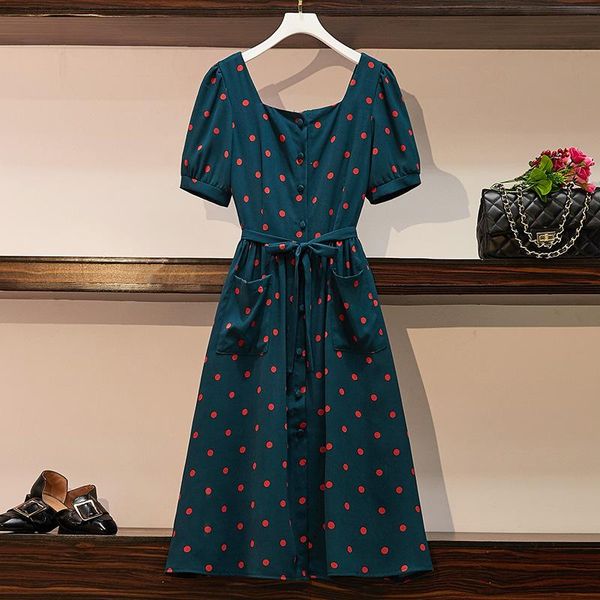 

casual dresses elegant green print polka dot vintage slim mid women 2021 high waist square collar belt simlple summer dress, Black;gray