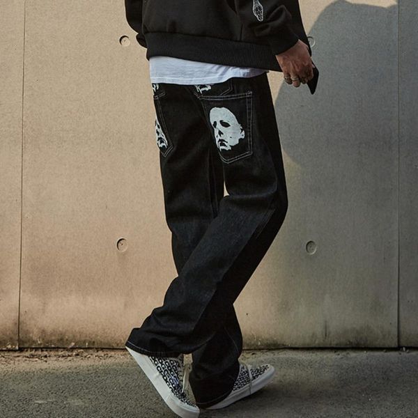 

men's jeans hip hop spoof portrait print denim pants mens high street loose straight-leg streetwear casual trousers men, Blue