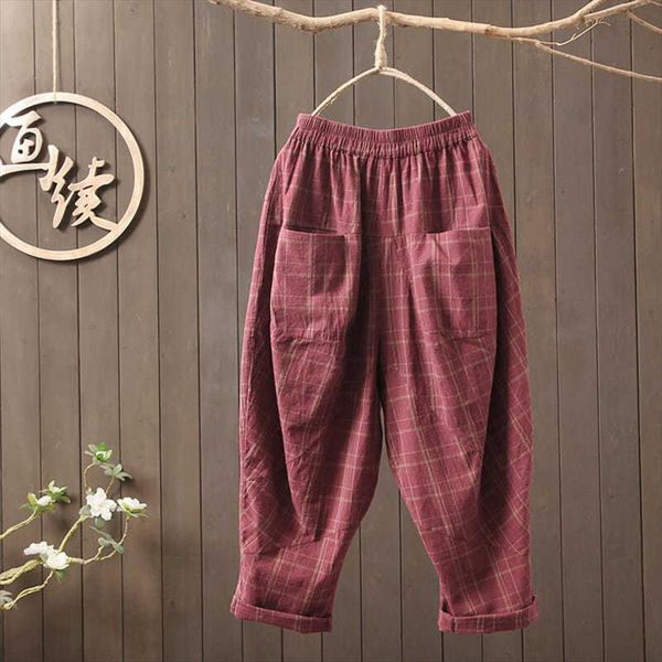 

spring arts style elastic waist womens pants all matched casual loose cotton linen plaid vintage harem s876, Black;white