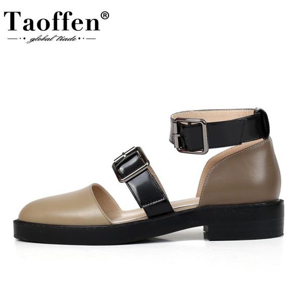 

taoffen women summer shoes real leather flat heel mixed color woman sandals fashion party club footwear size 34-40, Black