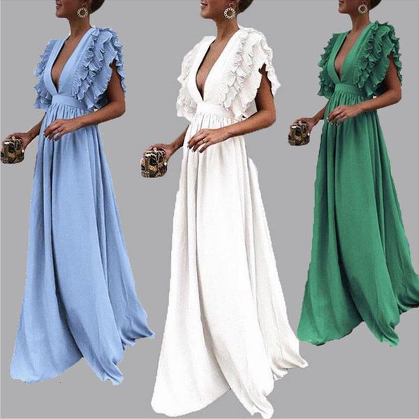 

solid v neck womens dresses butterfly sleeve grace prom ball gown formal bridesmaid wedding long, Black;gray