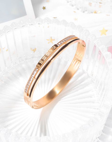 

new year gifts simple fashion titanium steel ladies 18mm bracelet temperament versatile roman numerals crystals cubic zirconia bangle cuff, Black
