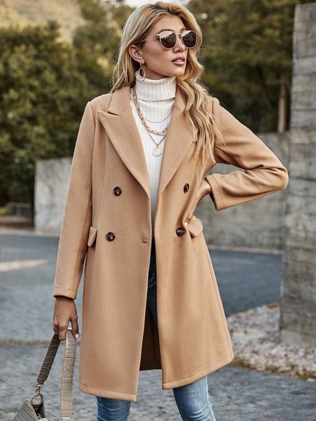 

lapel neck double button pea coat f6sy#, Black