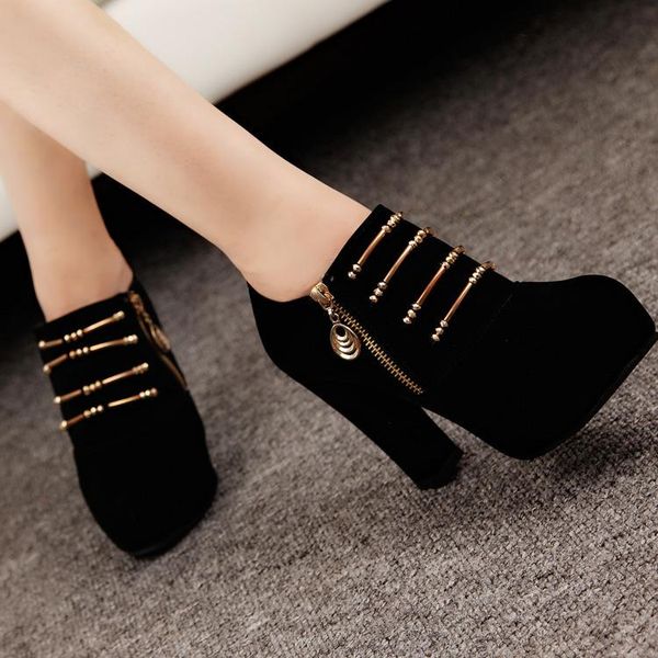 

boots autumn winter women shoes platform side zipper round head super high heels ankle short footwear bare, Black
