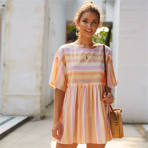 

summer sweet oversize women's dresses striped patchwork 2021 new ladies elegant a-line o-neck half sleeve above knee 11s4, Black;gray