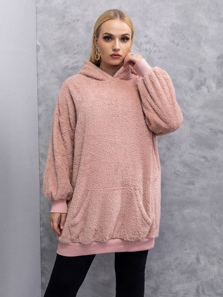 

plus solid kangaroo pocket teddy sweatshirt s8l3#, Black