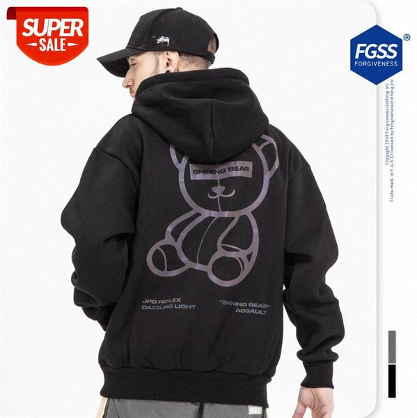 

autumn and winter original national tide reflective bear print loose hooded sweater for men women #x61j, Black