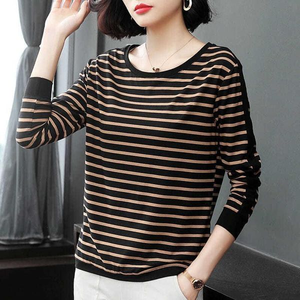 

women's t-shirt plus size spring and autumn clothes loose long-sleeved striped cotton bottoming shirt, White