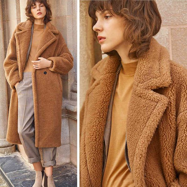 

winter women's coat stylish female thick cashmere jacket women casual turn down collar lamb fur coats streetwear woolen jacket 210419, Black