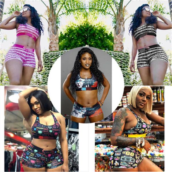 

women letter digital printing tracksuits fashion trend u-neck sleeveless vest shorts casual suits designer female fitness yoga 2pcs sets, Gray