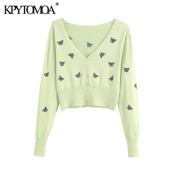 

women fashion butterfly embroidery cropped knitted cardigan sweater vintage long sleeve female outerwear chic 210420, White;black