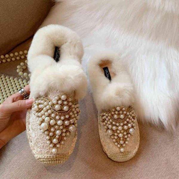 

dress shoes winter warm real fur slippers women woman lace pearl crystal bling plush women's furry natural rabbit hair lc61, Black