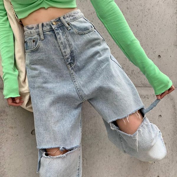 

floor down straight pants show thin dad net red chic pierced jeans autumn women's wear korean loose wide leg, Blue